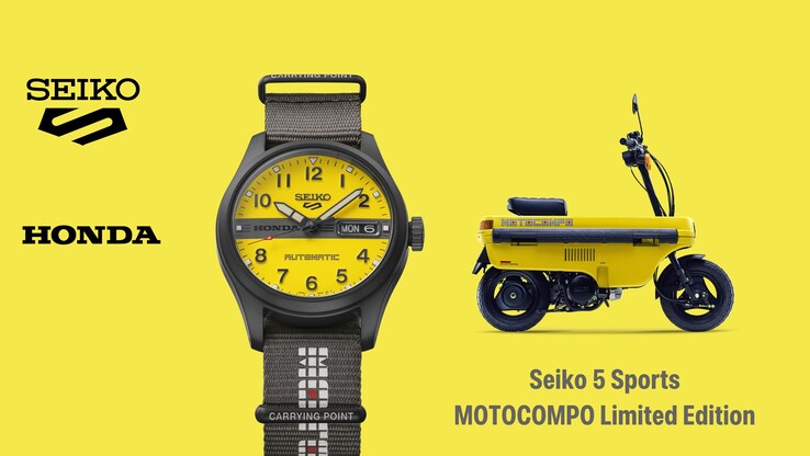 Infographic waarin de Seiko 5 Sports Field x Honda Motocompo naast de Motocompo-scooter wordt getoond.