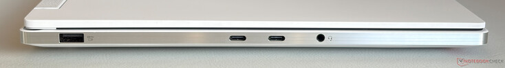 Linkerkant: USB-A 3.2 Gen.1 (5 Gbps, van stroom voorzien), USB-C 4.0 (40 Gbps, DisplayPort 2.1, stroomvoorziening 3.1 140W), USB-C 4.0 (40 Gbps, DisplayPort 2.1, stroomvoorziening 3.0 100W), 3,5 mm stereo-aansluiting