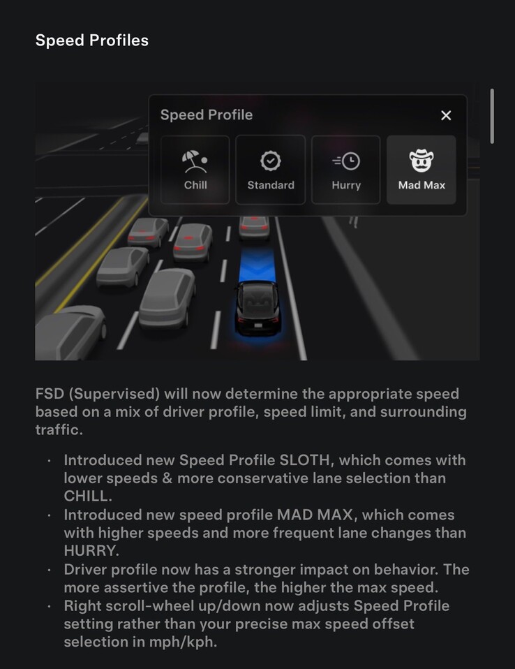 Changelog van de nieuwste FSD 14.1.2 update met Mad Max rijprofiel. (Afbeeldingsbron: Tesla)