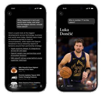 De conversatieweergave moet toegankelijk zijn door naar beneden te vegen vanuit een Siri-resultaat of binnen de Siri-app en bevat informatiekaarten voor resultaten zoals nieuws en gegevens op het apparaat (links).