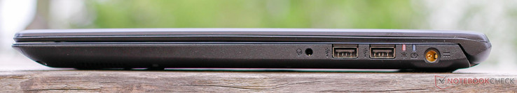 Rechts: 3.5-mm audio-poort voor microfoon en koptelefoon, 2x USB Type-A (2.0), status-LED's, netstroom