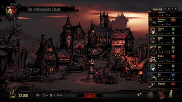 Een afbeelding van een stad in Darkest Dungeon.