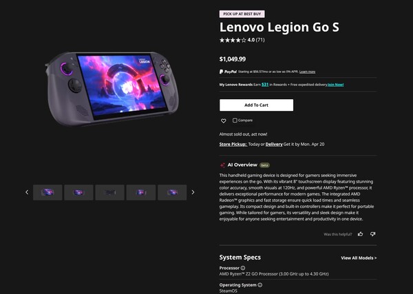 De prijs van de Legion Go S met SteamOS is met $450 verhoogd.