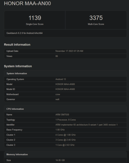 Snapdragon 7 Gen 3 Geekbench score (afbeelding via Geekbench)