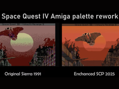 Een screengrab waarin het originele Sierra-aanbod van Space Quest wordt vergeleken met de verbeterde SCP 2025-ports dankzij een paletherziening (bron: annouk33)