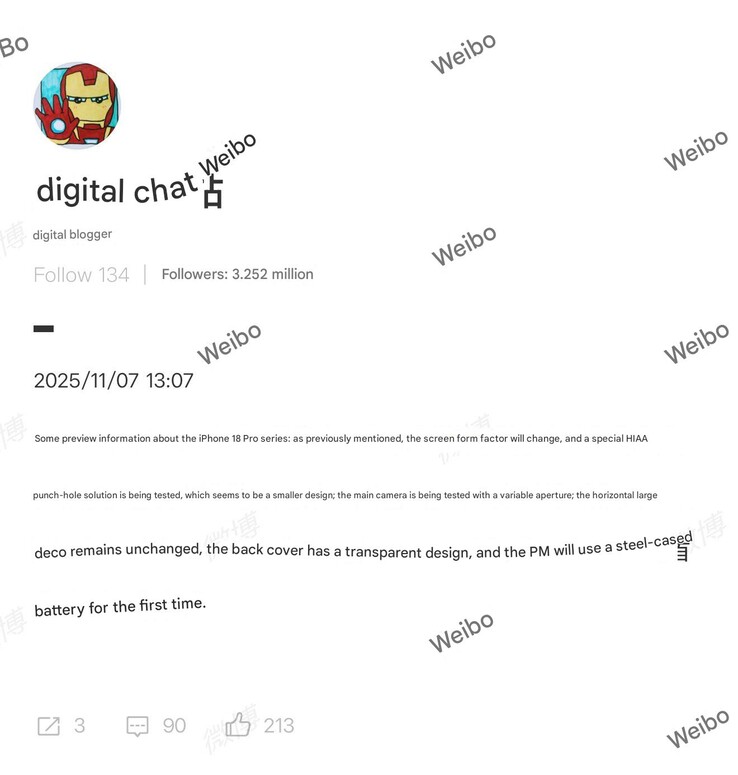 Gerucht over de hardware van IPhone 18 Pro. (Afbeeldingsbron: Digital Chat Station)