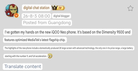 Het bericht van Digital Chat Station met gedetailleerde informatie over de specificaties van de aankomende iQOO Neo 11 Extreme Edition