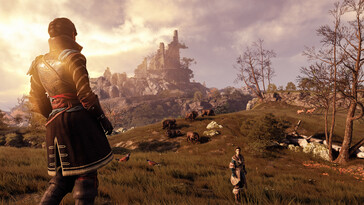 Een afbeelding van een landschap en twee personages in GreedFall.