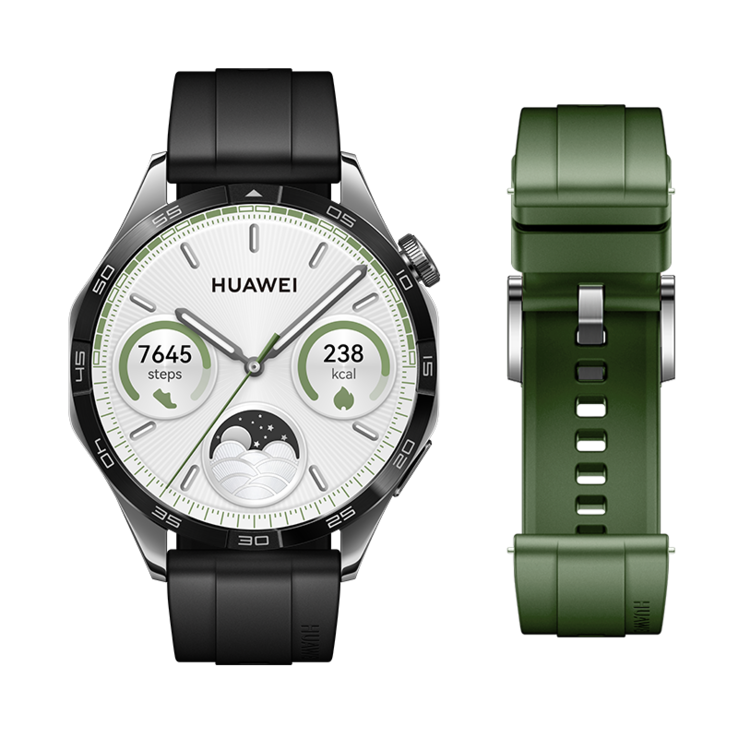 De Huawei Watch GT 4 Spring Edition Zwart Fluorelastomeer bandje 46mm + Spruce Green Fluorelastomeer bandje 2-in-1. (Afbeeldingsbron: Huawei)