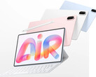 De MatePad Air 2026 is in de EU verkrijgbaar vanaf € 799. Afgebeeld: een promotiefoto waarop verschillende kleuren en het toetsenbordaccessoire te zien zijn.