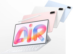 De MatePad Air 2026 is in de EU verkrijgbaar vanaf € 799. Afgebeeld: een promotiefoto waarop verschillende kleuren en het toetsenbordaccessoire te zien zijn.