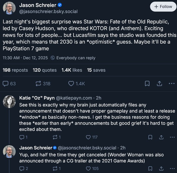 Jason Schreier Star Wars: Fate of the Old Republic voorspelling releasedatum (Afbeeldingsbron: screenshot, Jason Schreier Bluesky account)