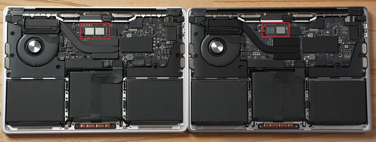 M1 MBP met twee NAND-chips (L) &amp; M2 MBP met één (R) - 256 GB modellen. (Afbeelding bron: Max Tech - bewerkt)