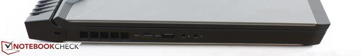 Linkerkant: Noble Lock, USB Type-C Gen. 1, USB 3.0, 3.5 mm microfoon, 3.5 mm koptelefoon