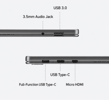Aansluitingen van de Acer A543-tablet, waaronder USB-C, USB-A en Micro HDMI