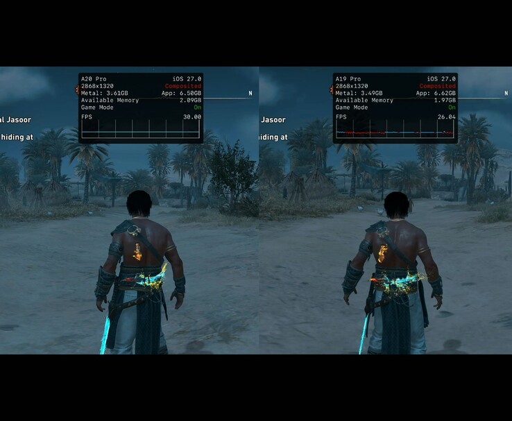 Assassin’s Creed Mirage draait op de iPhone 18 Pro Max en iPhone 17 Pro Max, waarbij het verschil in FPS te zien is.