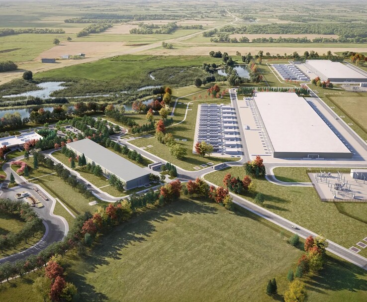 Een brede rendering vanuit de lucht van Meta's geplande datacenter in Beaver Dam, Wisconsin, inclusief grote servergebouwen, koelinfrastructuur, omliggende groene velden, waterpartijen en nabijgelegen substations. (Afbeelding Bron: Meta)