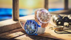 Twee Tendence One Piece-horloges in beperkte oplage, Log Pose en East Blue, weergegeven boven een zeekaart met de branding van de Batch N°2-samenwerking.