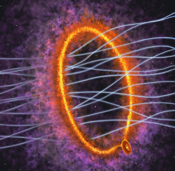 Een illustratie van de gasring en de jonge ster MC 27.