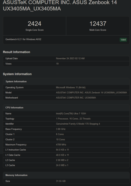 Intel Core Ultra 7 155H Geekbench score (afbeelding via Geekbench)