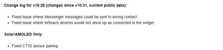 De release notes voor bètaversie 10.26 voor Garmin Instinct 3 serie smartwatches. (Afbeeldingsbron: Garmin)
