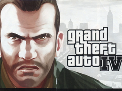 Een close-up van Niko Belić met het logo van GTA IV (bron: Rockstar Games)