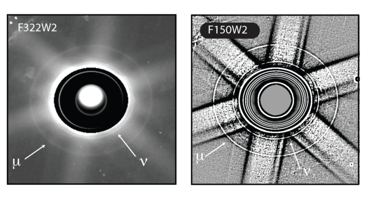 Een afbeelding van de μ- en ν-ringen van Uranus.