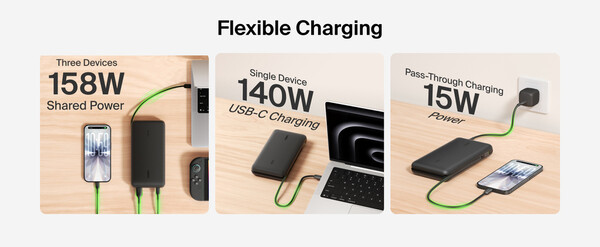 De Belkin UltraCharge Pro Laptop Power Bank 25K kan drie apparaten tegelijk opladen.