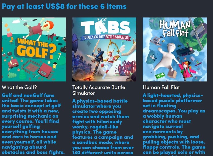 Spelposters en beschrijvingen. Als u $8 betaalt, krijgt u 6 van de spellen (Afbeelding bron: Humble Bundle)