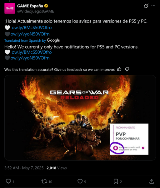 Game Espana Gears of War: Reloaded X post (Afbeelding bron: screenshot, Game Espana X account)
