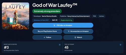 Pre-orderpositie van God of War Laufey in de PlayStation Store getoond