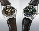 King Seiko's SLA093 met bruine wijzerplaat en SLA095 met groene wijzerplaat, afgebeeld tegen een achtergrond met kleurverloop. (Afbeelding bron: @plus9time op Instagram - bewerkt)