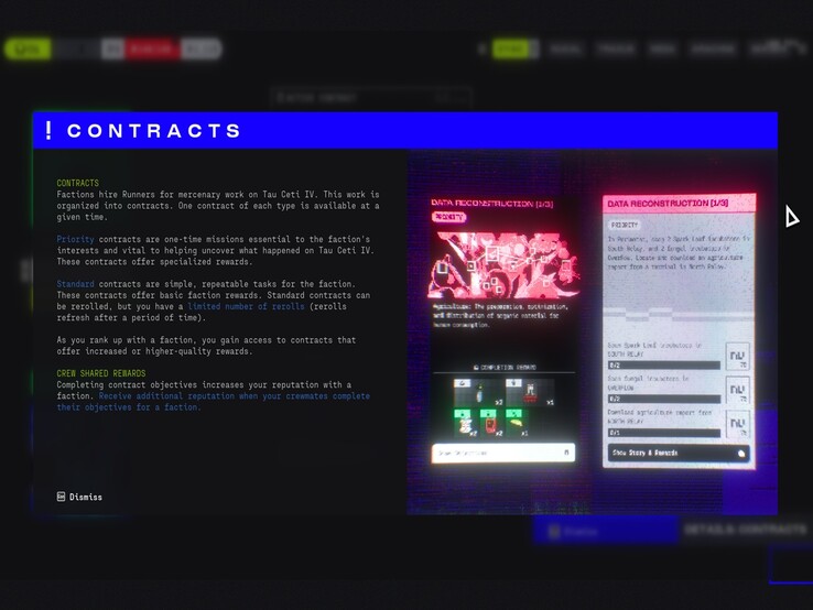 Het contractenscherm van Marathon geeft een overzicht van de verdeling tussen Priority- en Standard-banen, met factiebeloningen, rerolls en door de bemanning gedeelde reputatiewinst.