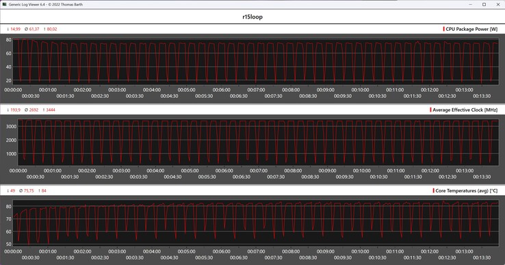 CPU gegevens tijdens de Cinebench R15 loop