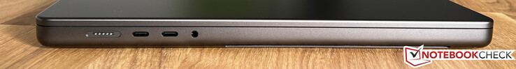 Linkerkant: MagSafe, 2x USB-C 4.0 met Thunderbolt 4 (40 Gbps, DisplayPort-ALT modus 1.4, Power Delivery), 3,5 mm stereo-installatie