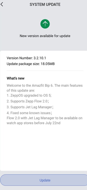 De release notes voor softwareversie 3.2.10.1 voor de Amazfit Bip 6 smartwatch. (Afbeeldingsbron: Amazfit)