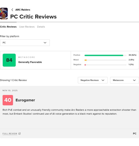 Gemiddelde Arc Raiders reviewscore op Metacritic (Afbeelding bron: screenshot, Metacritic)