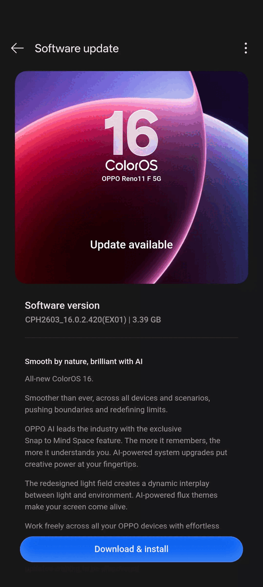 ColorOS 16 OTA op Reno 11 FS 