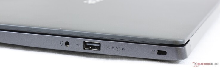 Right: 3.5 mm combo audio, USB 2.0 Type-A, Kensington Lock