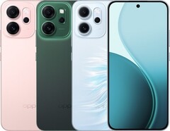 De Oppo Reno14 F wordt geleverd met glanzend roze, lichtgevend groen en opaalgroene kleuropties (Afbeelding bron: Oppo)