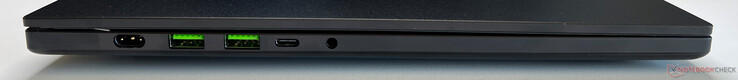 Links: voeding, 2x USB-A 3.2 Gen.2, USB-C 4.0 (40 Gbit/s, DisplayPort 1.4, Power Delivery 3.0), 3,5mm audio