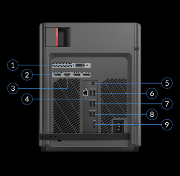 Achter: DVI, DisplayPort, HDMI, 3.5-mm-audio, RJ-45, 2x USB 2.0, 2 x USB 3.1 Gen. 2, 2 x USB 3.1 Gen. 1, AC-kabel