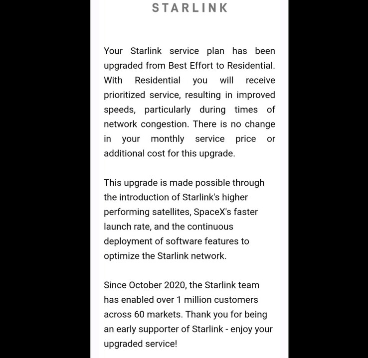 De Starlink Best Effort to Residential tier snelheidsupgrade e-mail