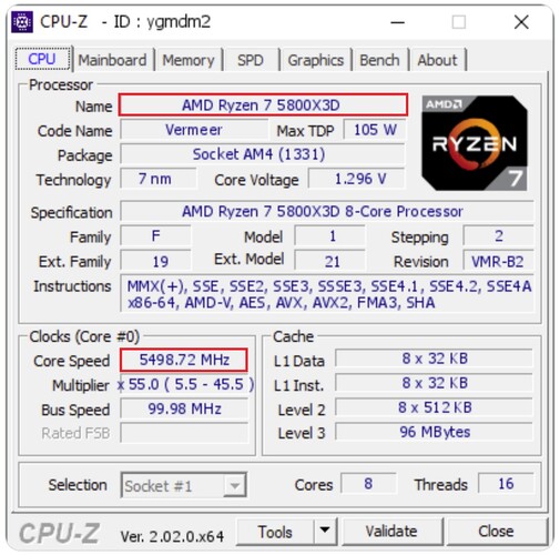 Ontgrendelde Ryzen 7 5800X3D. (Beeldbron: CPU-Z Validator)