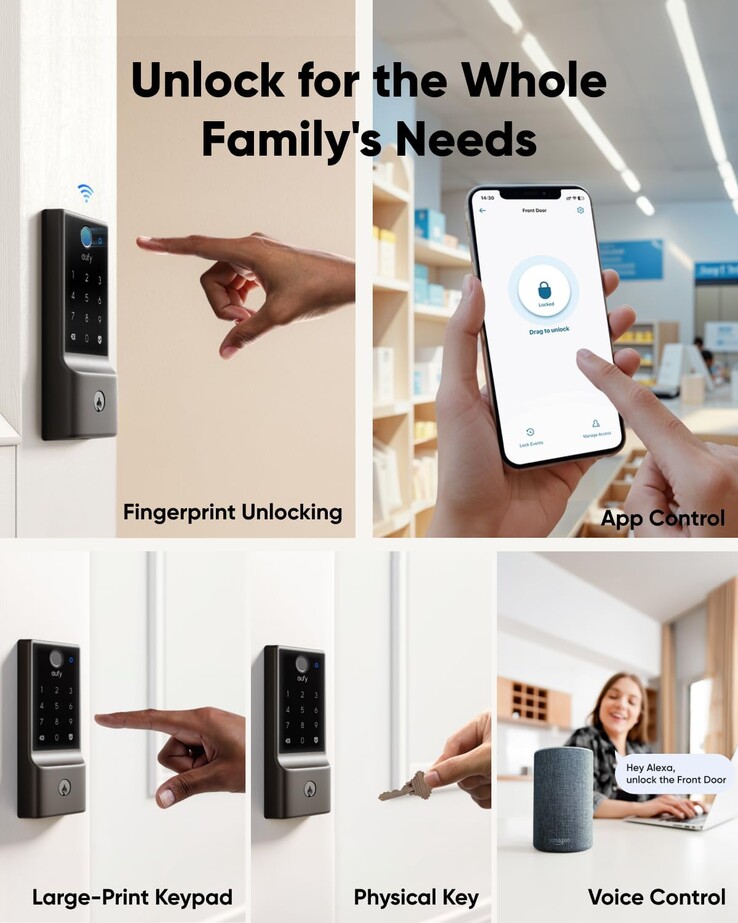 De nieuwe eufy Smart Locks zouden handpalmherkenning kunnen bieden, evenals andere manieren om uw deur te ontgrendelen, zoals te zien is op het Smart Lock E30 (hierboven). (Afbeeldingsbron: eufy)