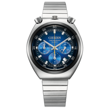 Vooraanzicht van de Citizen Tsuno Chronograph AN3714-68L, met een levendige blauwe wijzerplaat met kleurverloop.