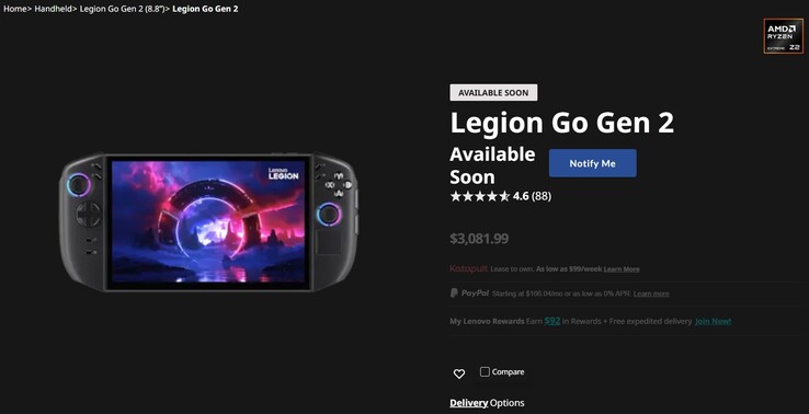 Legion Go 2-vermelding op de website van Lenovo.