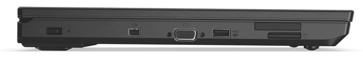 Links: power, Mini DisplayPort, VGA-connector, USB 3.1 Gen 1 (Type-A), ExpressCard-sleuf (34mm), geheugenkaartlezer (SD)