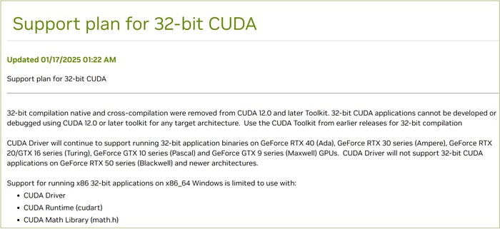 Mededeling van Nvidia over de toekomst van 32-bits CUDA-ondersteuning. (Afbeeldingsbron: Nvidia)