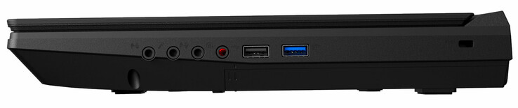 Rechts: line-in, microfoon-in, line-out, 2-in-1-audio (koptelefoon + optical S/PDIF), USB 2.0 Type-A, USB 3.1 Gen 1 Type-A, kabelslot